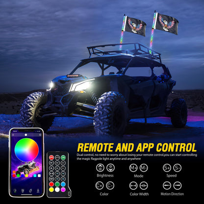 Waywe 2 PCS 5FT LED Whip Light Spiral RGB Chasing Bluetooth App RF Remote Control Stop Turn Reverse Light Antenna Whips for UTV ATV Truck Buggy Dune RZR Can-am