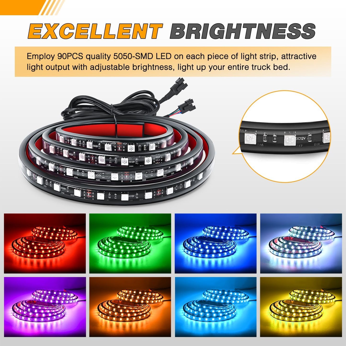 Waywe RGB Truck Bed Light Strip 2PCS 60" 180 LEDs Neon Accent Lighting with RF Remote On/Off Switch Splitter Extension Cable for 12-Volt Car Cargo Pickup SUV RV Boat