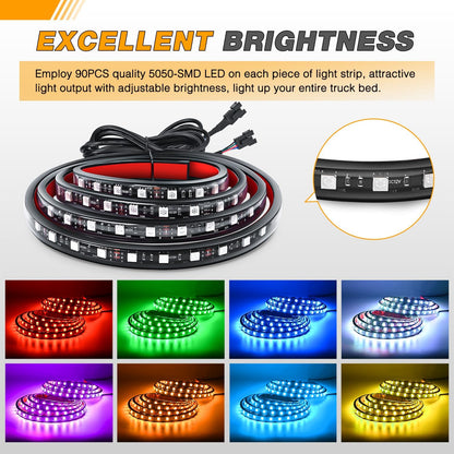 Waywe RGB Truck Bed Light Strip 2PCS 60" 180 LEDs Neon Accent Lighting with RF Remote On/Off Switch Splitter Extension Cable for 12-Volt Car Cargo Pickup SUV RV Boat