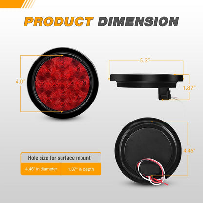 Waywe 4Inch Round Tail Light 2PCS Red 24LED w/Stainless Steel Chrome Bezel Waterproof Stop Brake Turn Signals Lights for Truck Trailer RV Lorry Boat Tractor