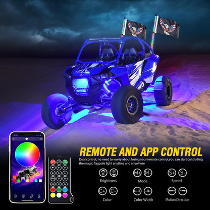 Waywe 2 PCS 3FT LED Whip Light with 4PCS Rock Lights Kit Spiral RGB Chasing App Remote Control Stop Turn Reverse Lighted Whips for UTV ATV Truck Buggy Dune RZR
