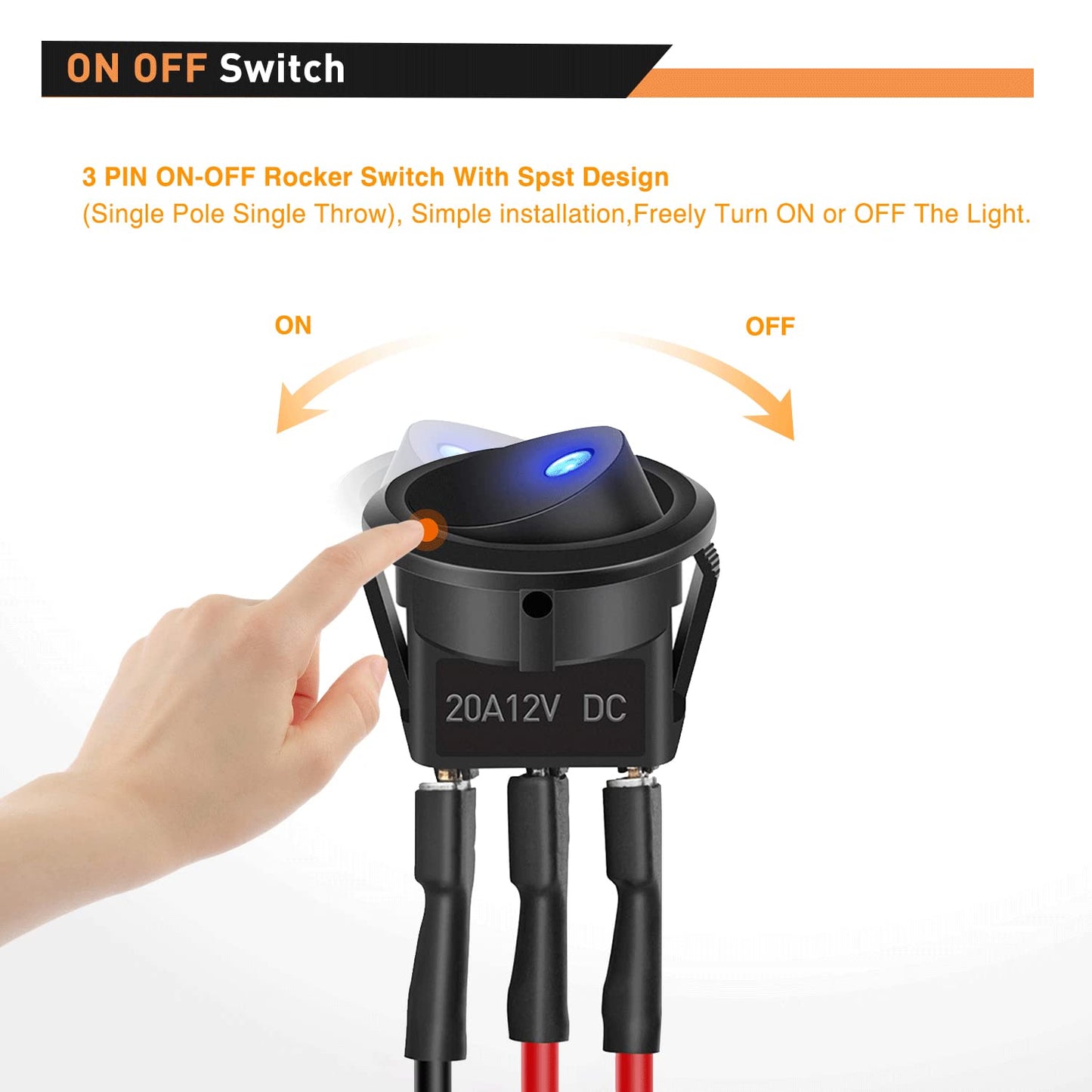 Waywe 8PCS 12V 20A Round Blue Toggle LED Rocker Switch On-Off Control SPST 3Pins Switches with 24PCS Wires for Car Truck Boat Marine Off-Road Vehicle