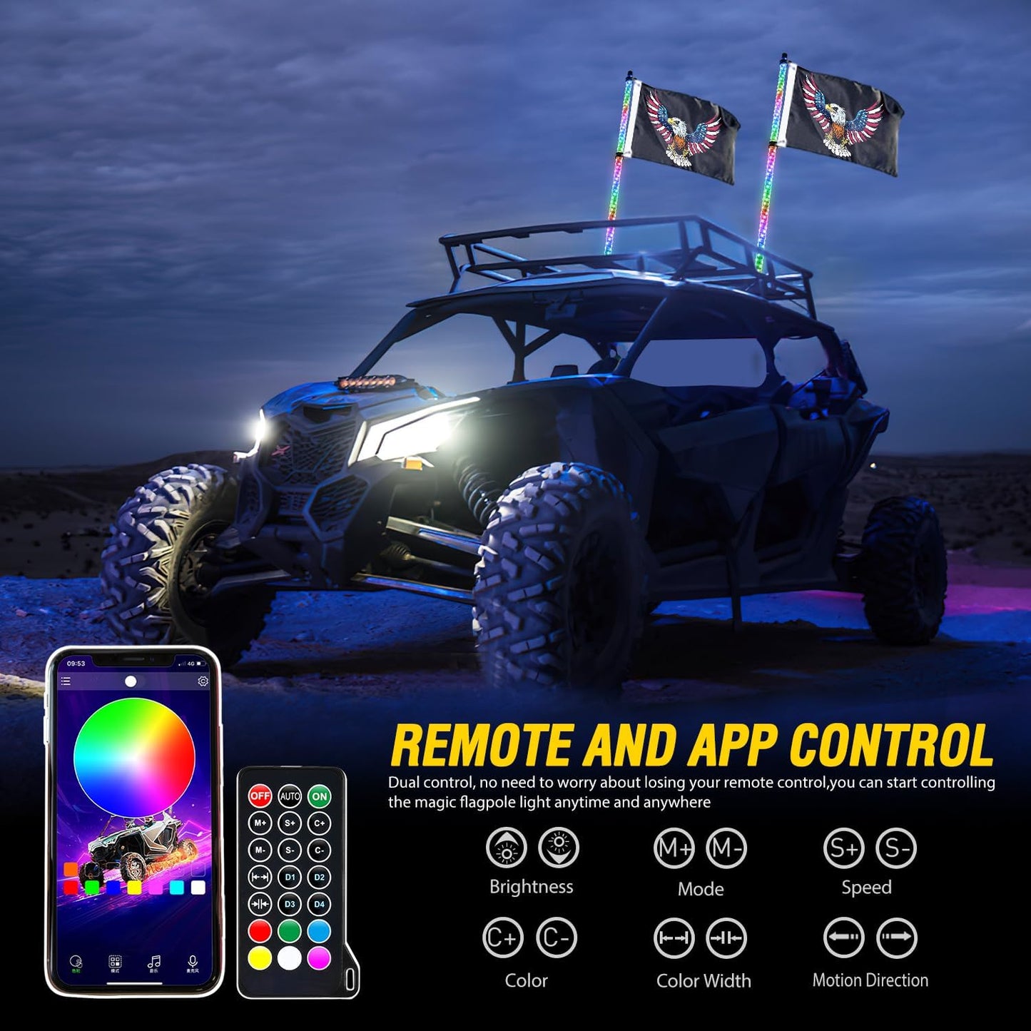 Waywe 2 PCS 4FT LED Whip Light Spiral RGB Chasing Bluetooth App RF Remote Control Stop Turn Reverse Lights Antenna Whips for UTV ATV Truck Buggy Dune RZR Can-am