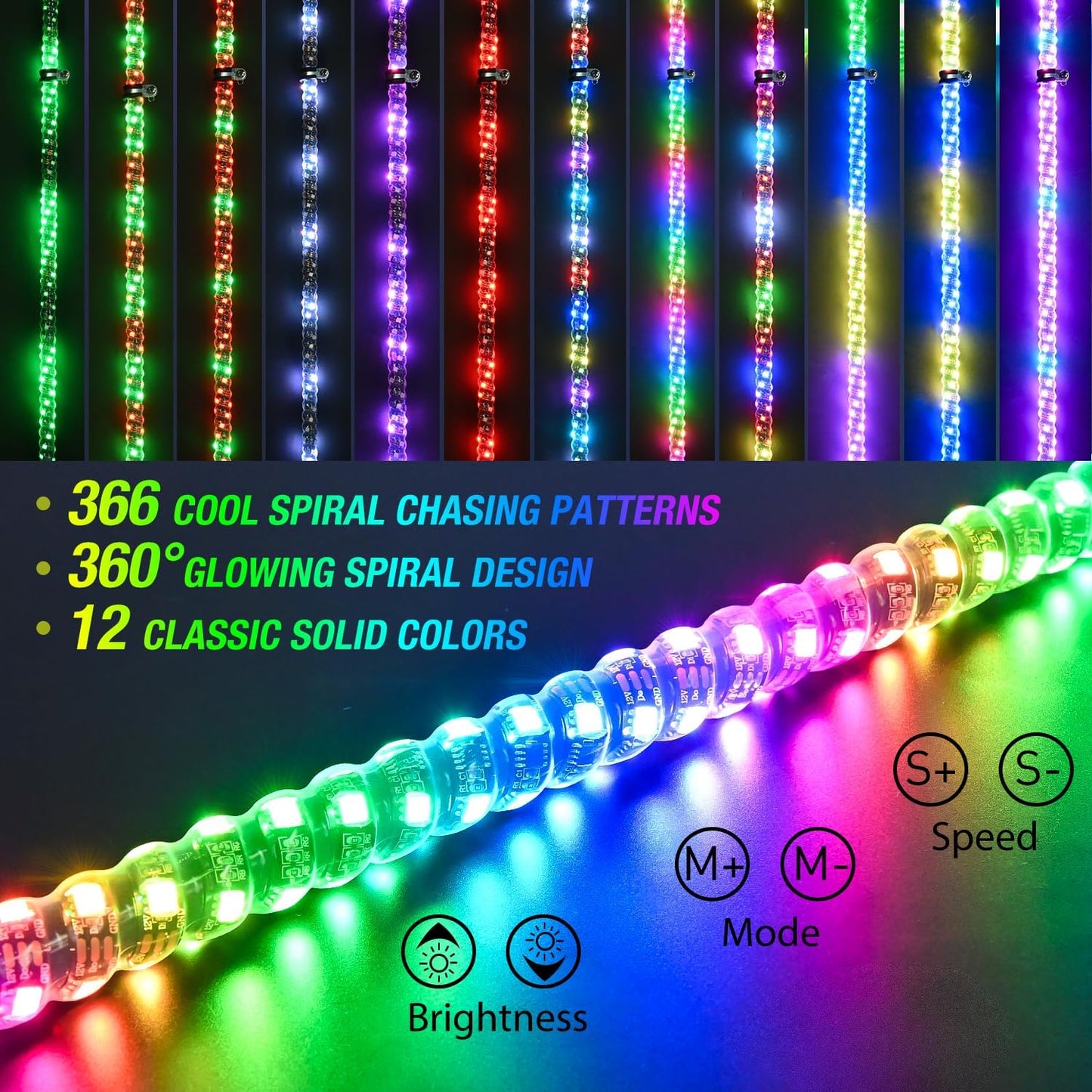 Waywe 1PC 3FT LED Whip Light Spiral RGB Chasing RF Remote Durable Lighted Antenna Whips w/ Rocker Switch for UTV ATV Truck Sand Rail Buggy Dune RZR Can-am