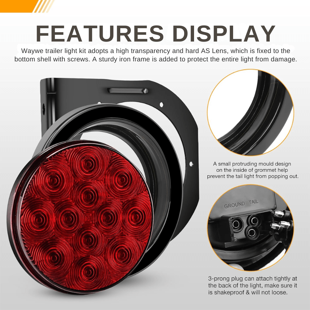 Waywe 4Inch Round Tail Light 2PCS Red 24LED w/Stainless Steel Chrome Bezel Waterproof Stop Brake Turn Signals Lights for Truck Trailer RV Lorry Boat Tractor