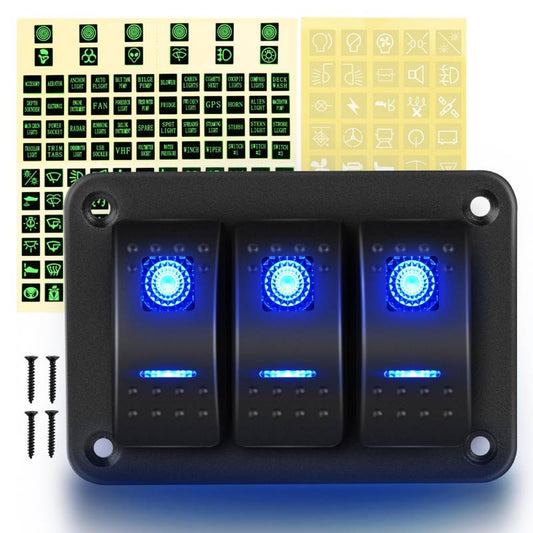 Waywe 3 Gang Aluminum Rocker Switch Panel Blue