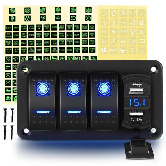 Waywe 3 Gang Aluminum Rocker Switch Panel Blue with 4.8 Amp Dual USB Charger Voltmeter