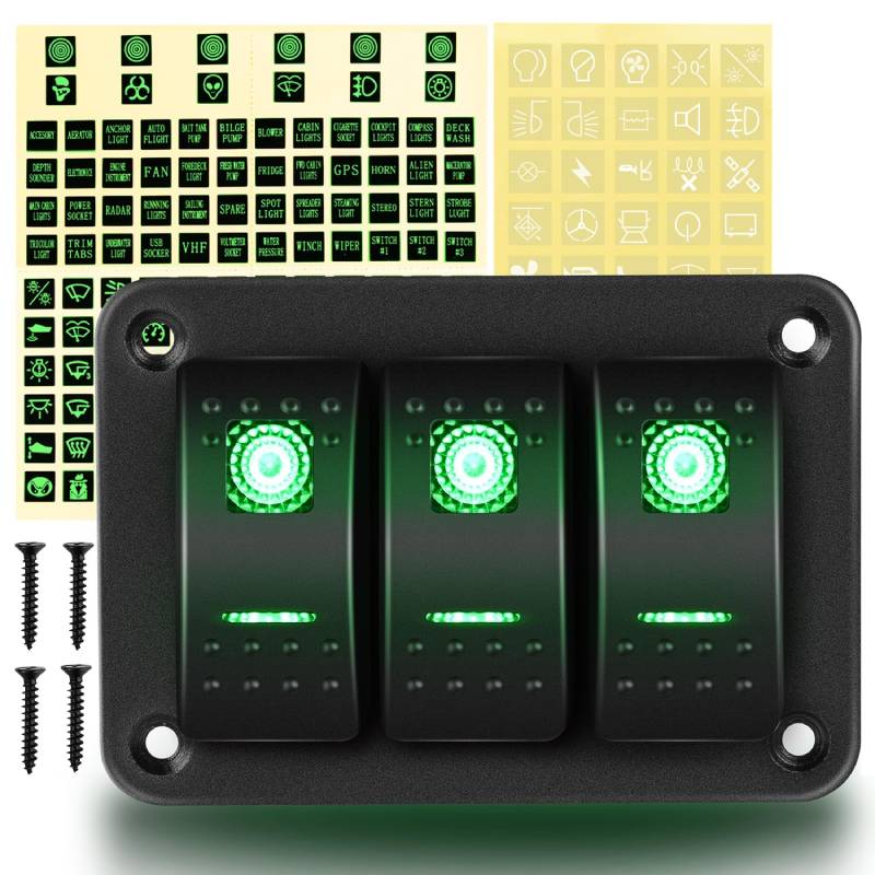 Waywe 3 Gang Aluminum Rocker Switch Panel Toggle Dash 5 Pin ON Off Pre Wired Rocker Switch Green Backlit Switch for Automotive Cars Boats RVs