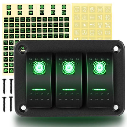 Waywe 3 Gang Aluminum Rocker Switch Panel Toggle Dash 5 Pin ON Off Pre Wired Rocker Switch Green Backlit Switch for Automotive Cars Boats RVs
