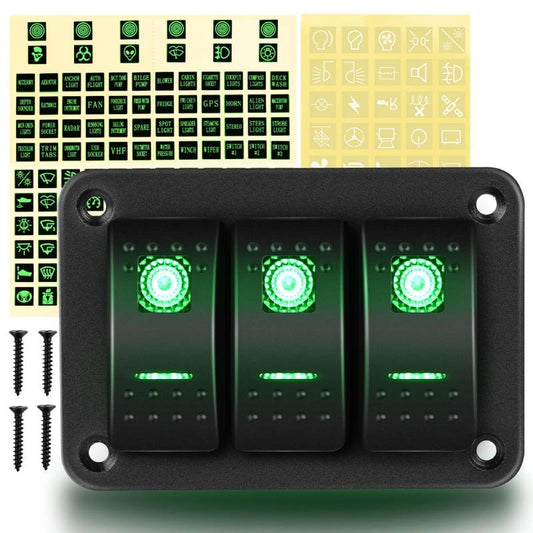Waywe 3 Gang Aluminum Rocker Switch Panel Toggle Dash 5 Pin ON Off Pre Wired Rocker Switch Green Backlit Switch for Automotive Cars Boats RVs