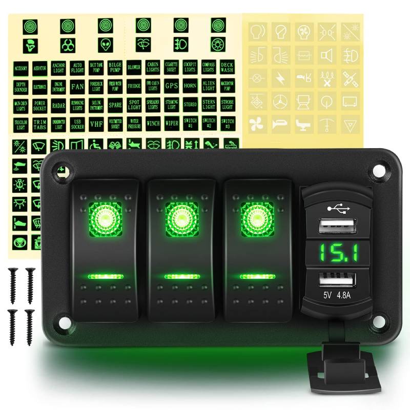 Waywe 3 Gang Rocker Switch Panel Green Backlit with 4.8 Amp Dual USB Charger Voltmeter Waterproof 12V 24V DC Rocker Switch  for Car Trucks Boats RVs