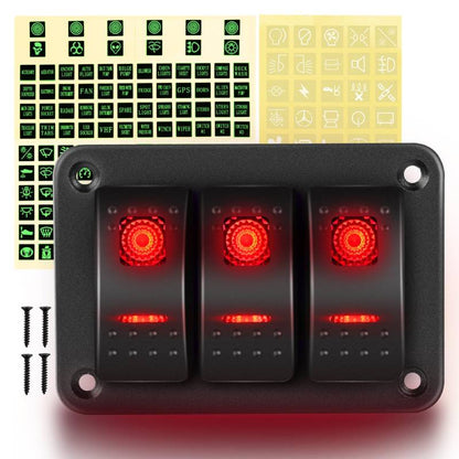 Waywe 3 Gang Aluminum Rocker Switch Panel Toggle Dash 5 Pin ON Off Pre Wired Rocker Switch Red Backlit Switch for Automotive Cars Boats RVs
