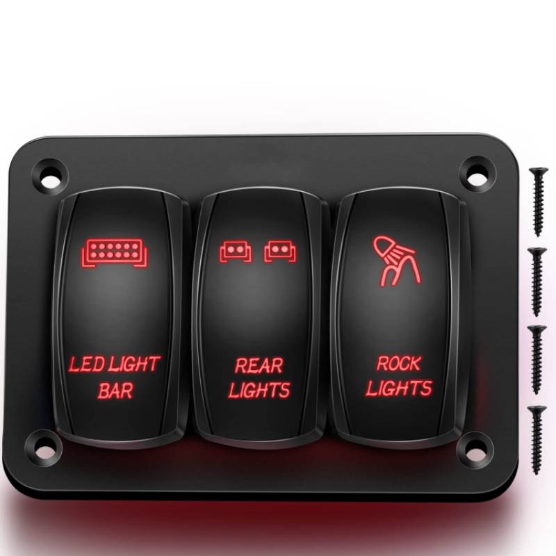Waywe 3 Gang Rocker Switch Panel Aluminum 5 Pin ON Off Toggle Switch Panel LED Light Bar Switch SPST 12V 24V Red Switches for Marine Boats Cars ATVs UTVs