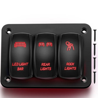Waywe 3 Gang Rocker Switch Panel Aluminum 5 Pin ON Off Toggle Switch Panel LED Light Bar Switch SPST 12V 24V Red Switches for Marine Boats Cars ATVs UTVs