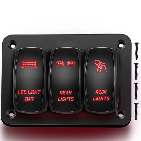 Waywe 3 Gang Rocker Switch Panel Aluminum 5 Pin ON Off Toggle Switch Panel LED Light Bar Switch SPST 12V 24V Red Switches for Marine Boats Cars ATVs UTVs