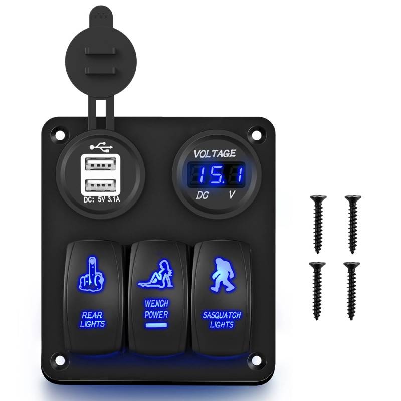 Waywe 3 Gang Rocker Switch Panel USB Charger LED Voltmeter Sasquatch Lights Wench Power Rear Lights Switch On Off Aluminum Waterproof Toggle Switch Panel for 12V Cars Trucks Boats