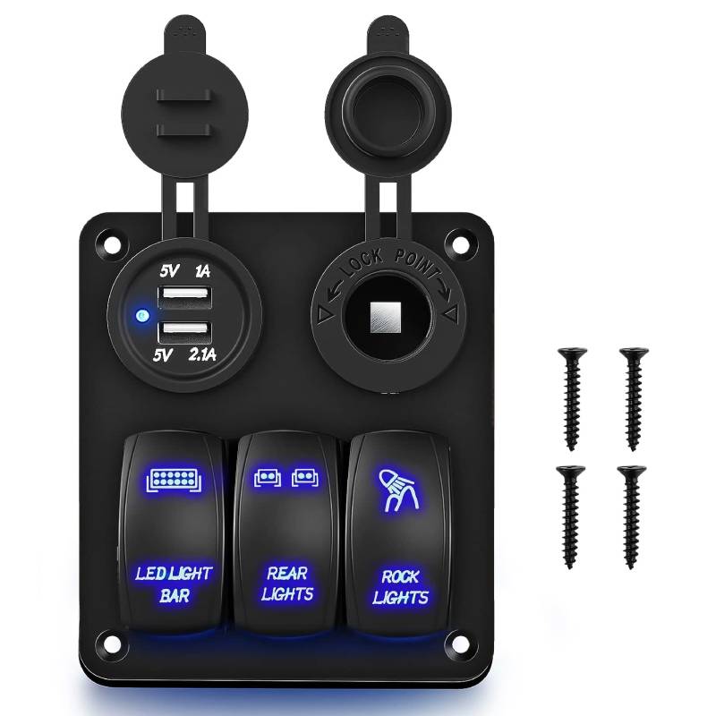 Waywe 3 Gang Rocker Switch Panel with USB Charger and Cigarette Lighter 12V 24V Toggle Switch LED Light Bar Switch Rear Lights Switch Rock Lights Switch for Cars Rvs Trucks