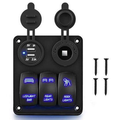 Waywe 3 Gang Rocker Switch Panel with USB Charger and Cigarette Lighter 12V 24V Toggle Switch LED Light Bar Switch Rear Lights Switch Rock Lights Switch for Cars Rvs Trucks