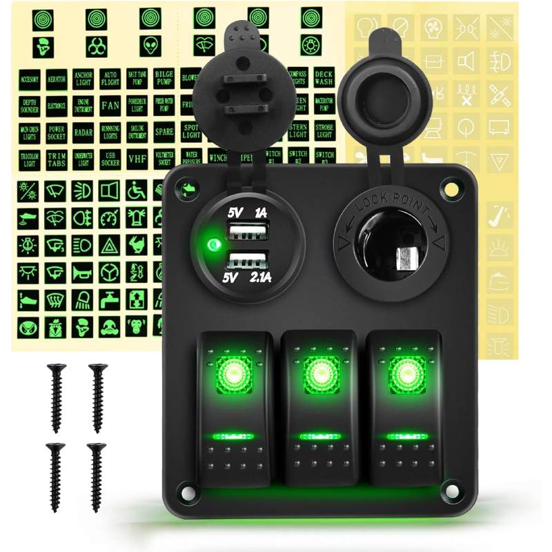Waywe 3 Gang Rocker Switch Panel with USB Charger and Cigar Lighter 12V 24V Toggle Switch ON Off Rocker Switch Green for Cars Rvs Trucks