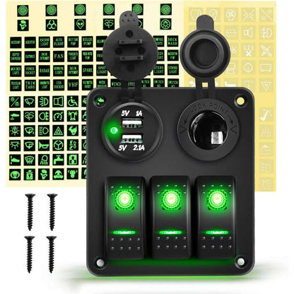 Waywe 3 Gang Rocker Switch Panel with USB Charger and Cigar Lighter 12V 24V Toggle Switch ON Off Rocker Switch Green for Cars Rvs Trucks