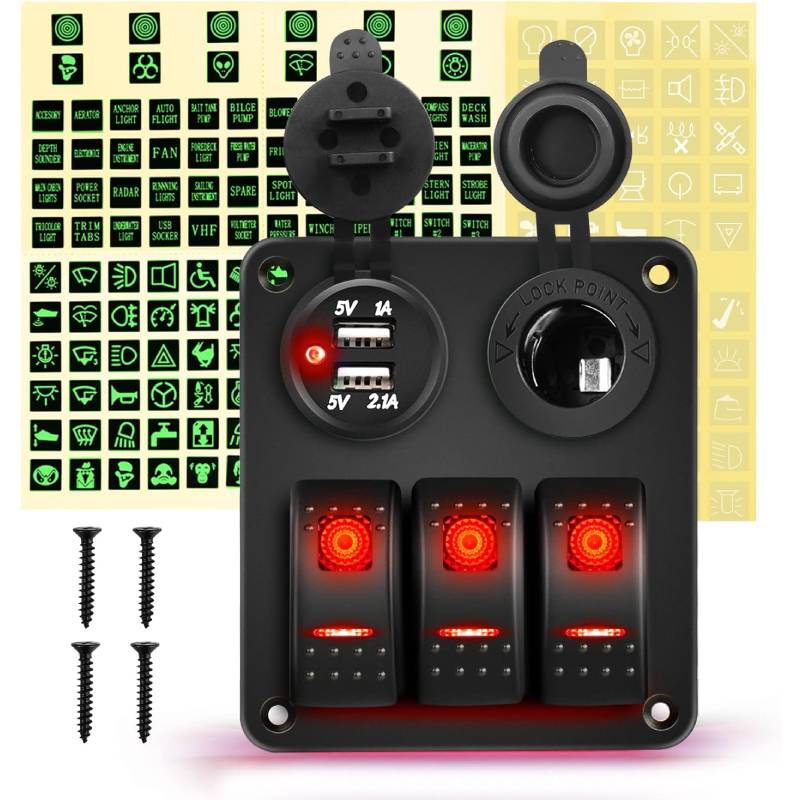 Waywe 3 Gang Rocker Switch Panel with USB Charger and Cigar Lighter 12V 24V Toggle Switch ON Off Rocker Switch Red for Cars Rvs Trucks