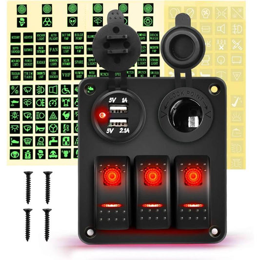 Waywe 3 Gang Rocker Switch Panel with USB Charger and Cigar Lighter 12V 24V Toggle Switch ON Off Rocker Switch Red for Cars Rvs Trucks