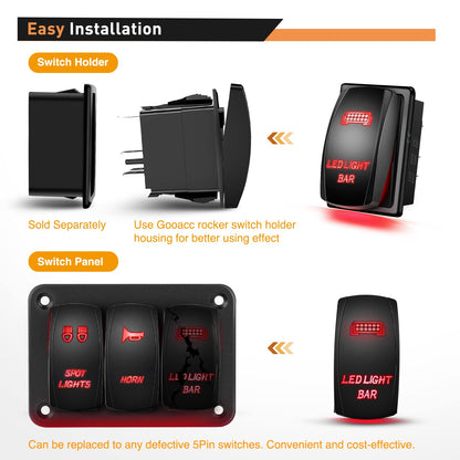 Waywe LED Light Bar Rocker Switch 5Pin Laser On Off Lights 20A 12V 10A 24V Switches Red Jumper Wires Set for Jeep Boat Trucks