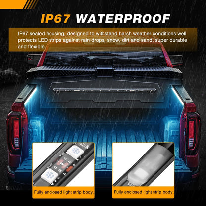 Waywe RGB Truck Bed Light Strip 2PCS 60" 180 LEDs Neon Accent Lighting with RF Remote On/Off Switch Splitter Extension Cable for 12-Volt Car Cargo Pickup SUV RV Boat