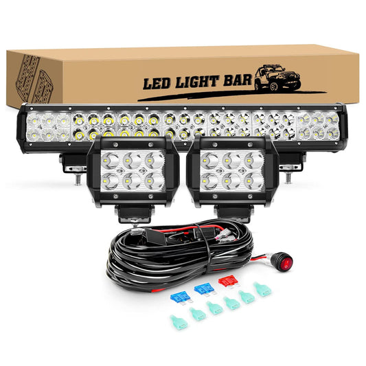 Waywe 20 Inch 126W Combo Led Light Bar 2PCS 4 Inch 18W Spot LED Pods with 16AWG Off Road Wiring Harness-3 Leads
