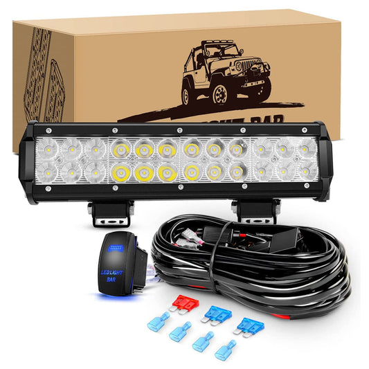 Waywe 12 Inch 72W Led Light Bar Spot Flood Combo Driving Lighting Off Road Lights Led Lamp with 12V 5Pin Rocker Switch Wiring Harness kit for Truck Golf Cart SUV ATV UTV Boat