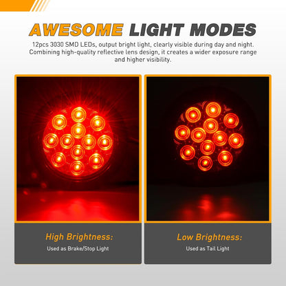 Waywe 4Inch Round Tail Light 2PCS Red 24LED w/Stainless Steel Chrome Bezel Waterproof Stop Brake Turn Signals Lights for Truck Trailer RV Lorry Boat Tractor