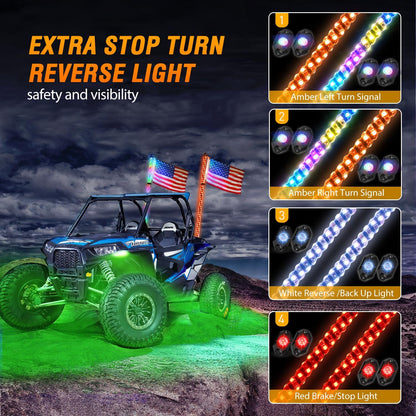 Waywe 2 PCS 3FT LED Whip Light with 4PCS Rock Lights Kit Spiral RGB Chasing App Remote Control Stop Turn Reverse Lighted Whips for UTV ATV Truck Buggy Dune RZR