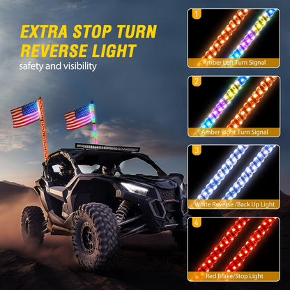 Waywe 2 PCS 4FT LED Whip Light Spiral RGB Chasing Bluetooth App RF Remote Control Stop Turn Reverse Lights Antenna Whips for UTV ATV Truck Buggy Dune RZR Can-am