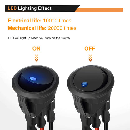 Waywe 8PCS 12V 20A Round Blue Toggle LED Rocker Switch On-Off Control SPST 3Pins Switches with 24PCS Wires for Car Truck Boat Marine Off-Road Vehicle