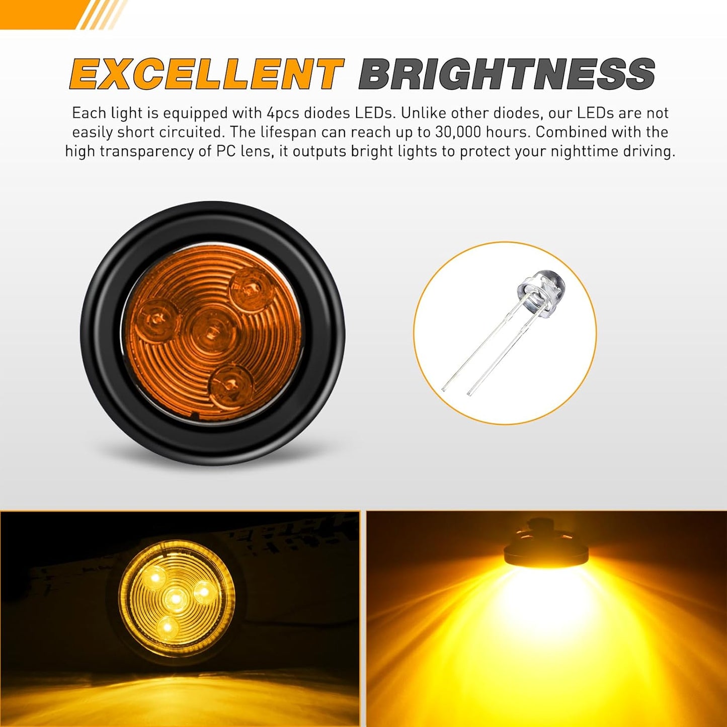 Waywe 2 Inch Round Side Marker Light 10PCS Red Amber 4LED Front Rear Clearance Indicator Lights Flush Mount with Plug Grommet Pigtail Hardwired for Truck Camper RV Boat