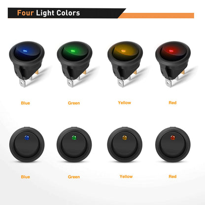 Waywe 12PCS Round Toggle LED Switch DC 12V 20A Rocker SPST Switch On Off Control Blue Green Yellow Red for Cars Trucks Boats RVs