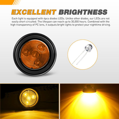Waywe 2Inch Round Side Marker Light 5PCS Amber 4LED Front Rear Clearance Indicator Lights Flush Mount with Plug Grommet Pigtail Hardwired for Truck Camper RV Boat Trailer
