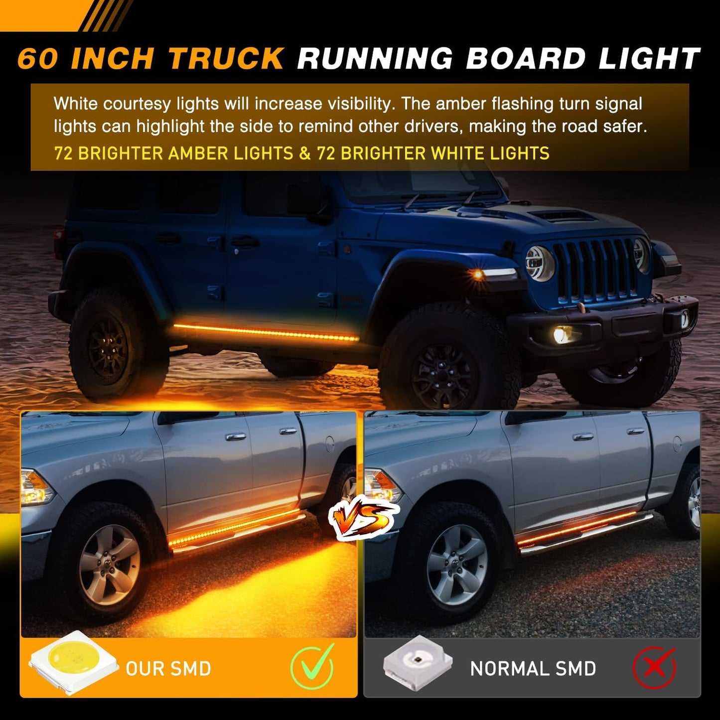 Waywe Truck Running Board Lights - 2PCS 60 Inch DRL LED Side Maker Light Kits for Extended and Crew Cab Trucks Pickup White Courtesy Amber Sequential Turn Signal Lighting Strips