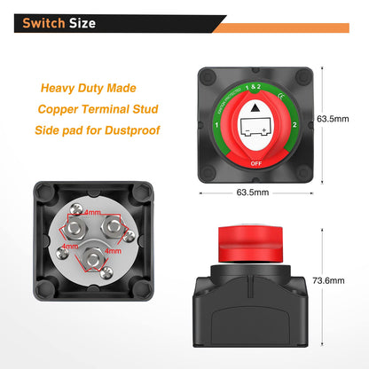 Waywe 1-2-Both-Off Battery Switch 12V 48V Disconnect Master Cutoff Switches Waterproof Heavy Duty Isolator for Marine Boat Car RV ATV UTV Vehicle