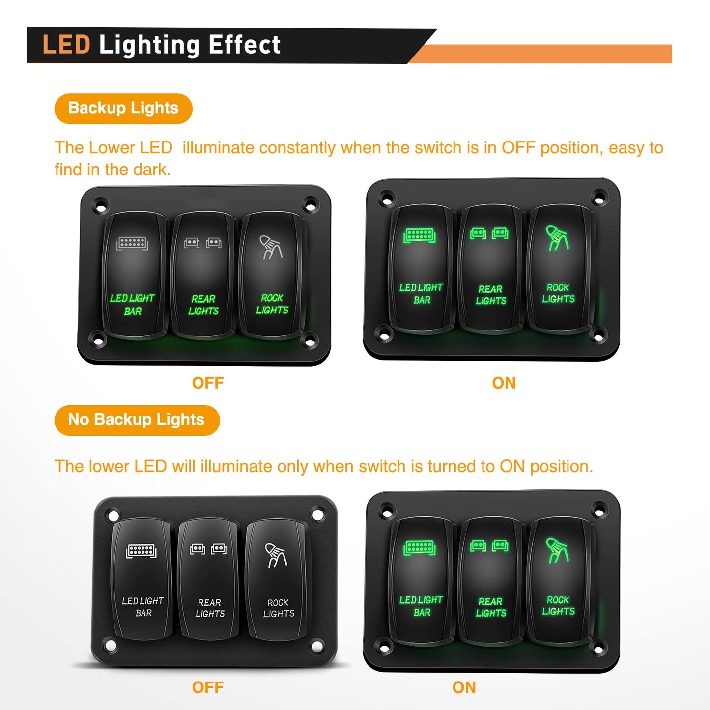 Waywe 3 Gang Rocker Switch Panel Aluminum 5 Pin ON Off Toggle Switch Panel LED Light Bar Switch SPST 12V 24V Green Switches for Marine Boats Cars ATVs UTVs