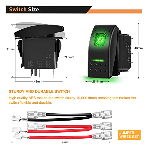 Waywe 6 Pack Rocker Switches with Night Glow Stickers 5 PIN SPST Rocker Switches with Green Backlit 12V 24V Toggle Switches for Cars Trucks RVs Boats Auto Motorcycles