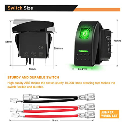 Waywe 6 Pack Rocker Switches with Night Glow Stickers 5 PIN SPST Rocker Switches with Green Backlit 12V 24V Toggle Switches for Cars Trucks RVs Boats Auto Motorcycles