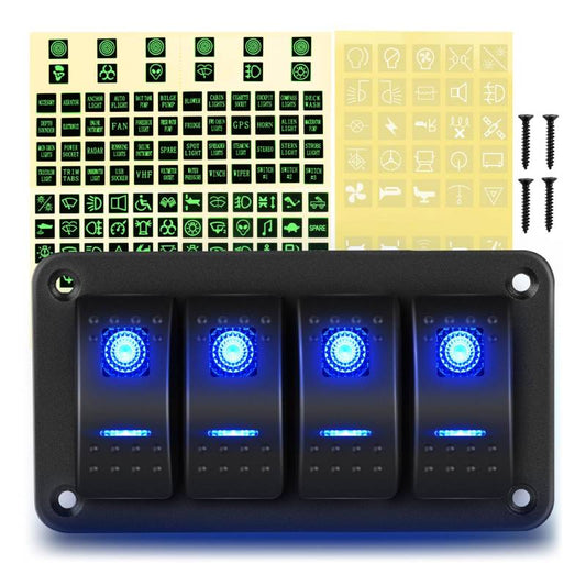 Waywe 4 Gang Aluminum Rocker Switch Panel Blue