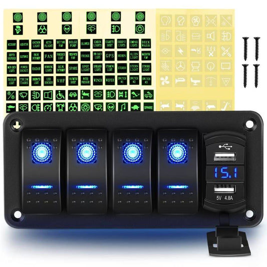 Waywe 4 Gang Aluminum Rocker Switch Panel Blue with 4.8 Amp Dual USB Charger Voltmeter