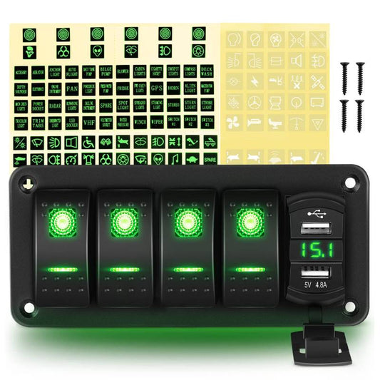 Waywe 4 Gang Rocker Switch Panel Green Backlit with 4.8 Amp Dual USB Charger Voltmeter Waterproof 12V 24V DC Rocker Switch  for Car Trucks Boats RVs