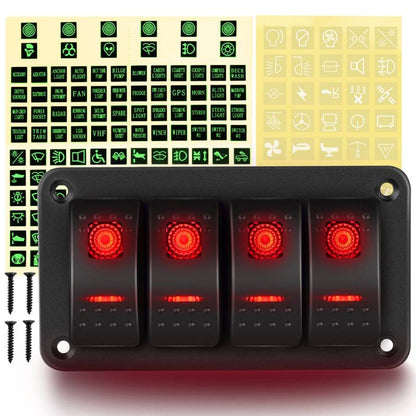 Waywe 4 Gang Rocker Switch Panel 5Pin On Off Toggle Switch Aluminum Holder 12V 24V Dash Pre-Wired Red Backlit Switches for Automotive Cars Marine Boats RVs Truck