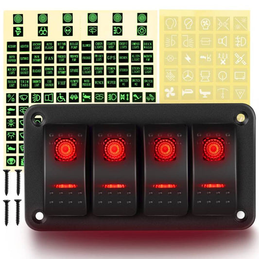 Waywe 4 Gang Rocker Switch Panel 5Pin On Off Toggle Switch Aluminum Holder 12V 24V Dash Pre-Wired Red Backlit Switches for Automotive Cars Marine Boats RVs Truck