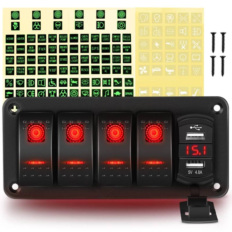 Waywe 4 Gang Rocker Switch Panel Red Backlit with 4.8 Amp Dual USB Charger Voltmeter Waterproof 12V 24V DC Rocker Switch  for Car Trucks Boats RVs
