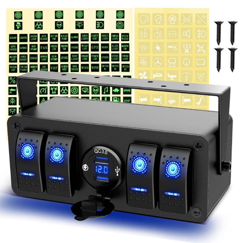 Waywe 4 Gang Rocker Switch Box 12V SPST ON Off QC 3.0 USB Charger Voltmeter Waterproof Aluminum Panel for Boats Cars RVs Trucks