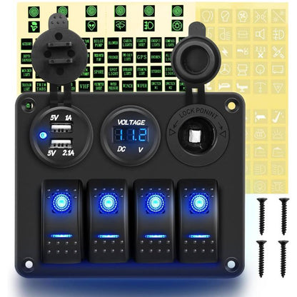 Waywe 4 Gang Rocker Switch Panel with USB Charger Voltmeter and Cigar Lighter 12V 24V Toggle Switch ON Off Rocker Switch Blue for Cars Rvs Trucks